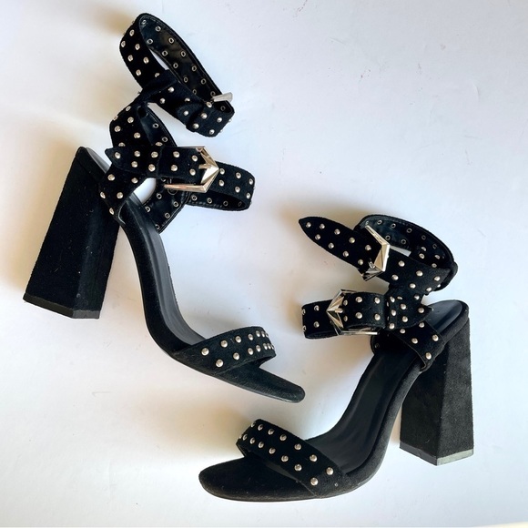 Pretty Little Things Black Studded Ankle Wrap Heels - Picture 9 of 9